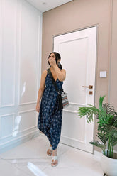 Elegantní indigo cullote overal s puškarským vzorem